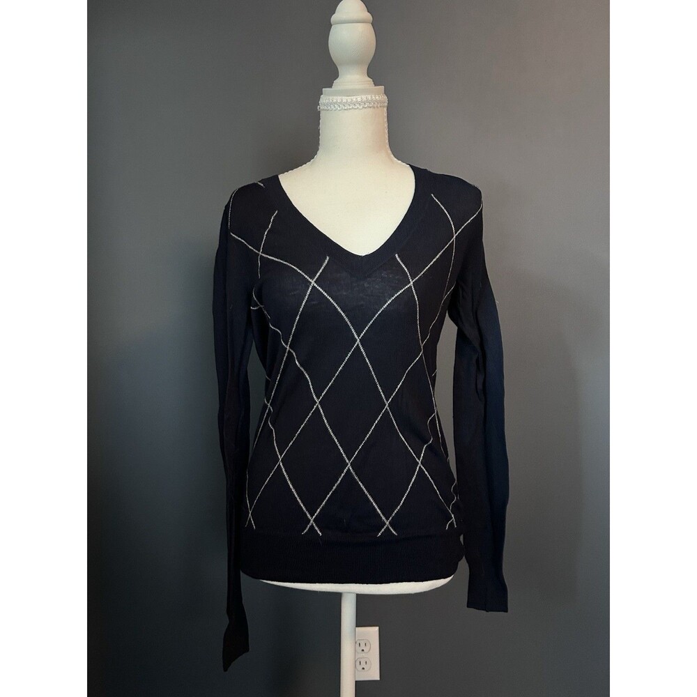 Club Monaco Navy Women Sweater Medium V Neck Merino Wool Long Sleeve Coastal